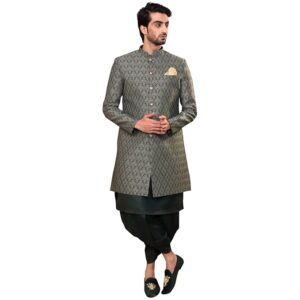 Men's Ethnic Wear Silk Regular Fit Green Kurta Sherwani Set